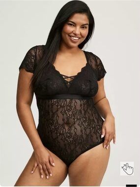 torrid Black Lace Short Sleeve Lace Teddy Bodysuit
